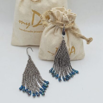 Kolczyki z koralików w kolorze stali i pawiego oczka.nausznice ze stali